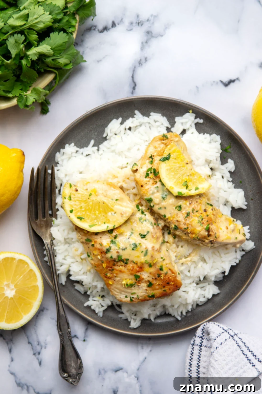 Lemon Dijon Cream Chicken 5 This lemon Dijon chicken features juicy seared chicken breasts simmered in a fresh lemon Dijon mustard cream sauce. Amazing over a bowl of rice or pasta!