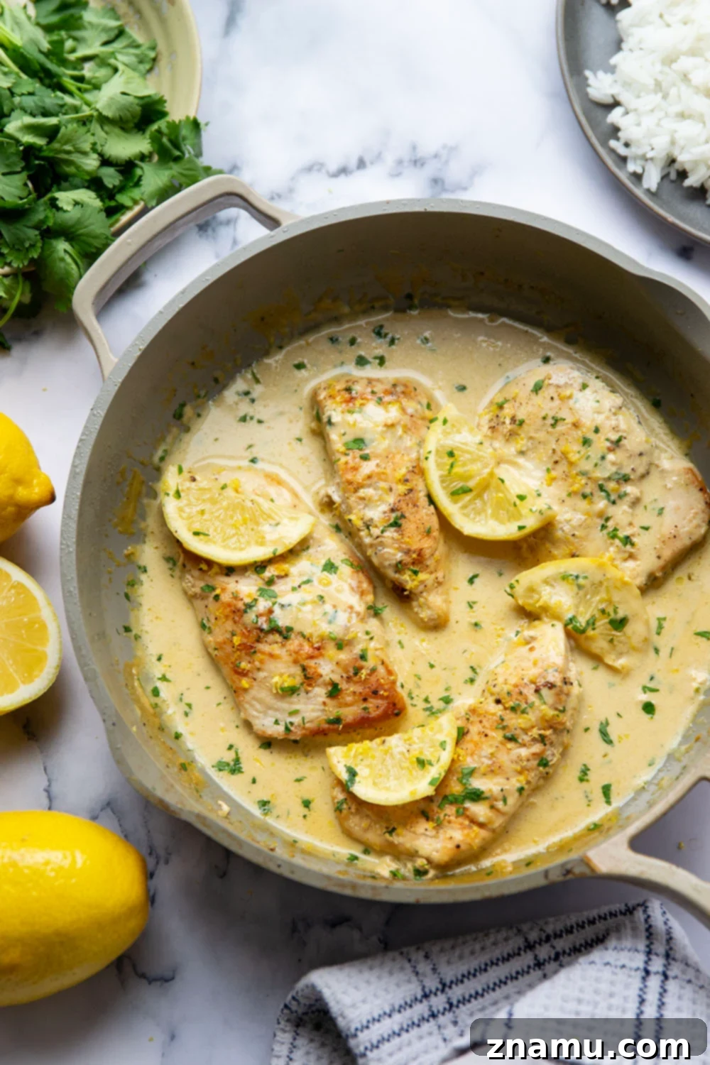 Lemon Dijon Cream Chicken 6 This lemon Dijon chicken features juicy seared chicken breasts simmered in a fresh lemon Dijon mustard cream sauce. Amazing over a bowl of rice or pasta!