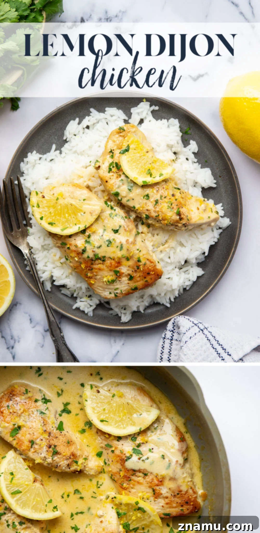 Lemon Dijon Cream Chicken 7 This lemon Dijon chicken features juicy seared chicken breasts simmered in a fresh lemon Dijon mustard cream sauce. Amazing over a bowl of rice or pasta!