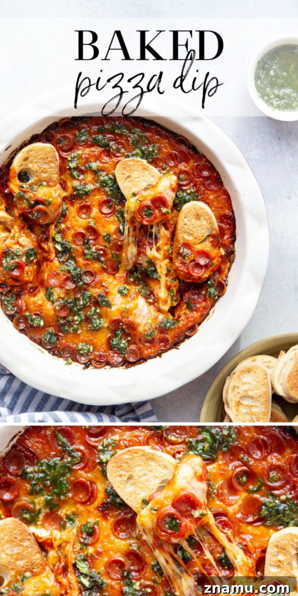 Gooey Baked Pesto Pizza Dip 7 This baked pizza dip features layers of gooey cheese, pizza sauce, mini pepperoni, and drizzles of fresh pesto on top. Serve this crowd-pleasing dip with lots of toasted bread for dipping.