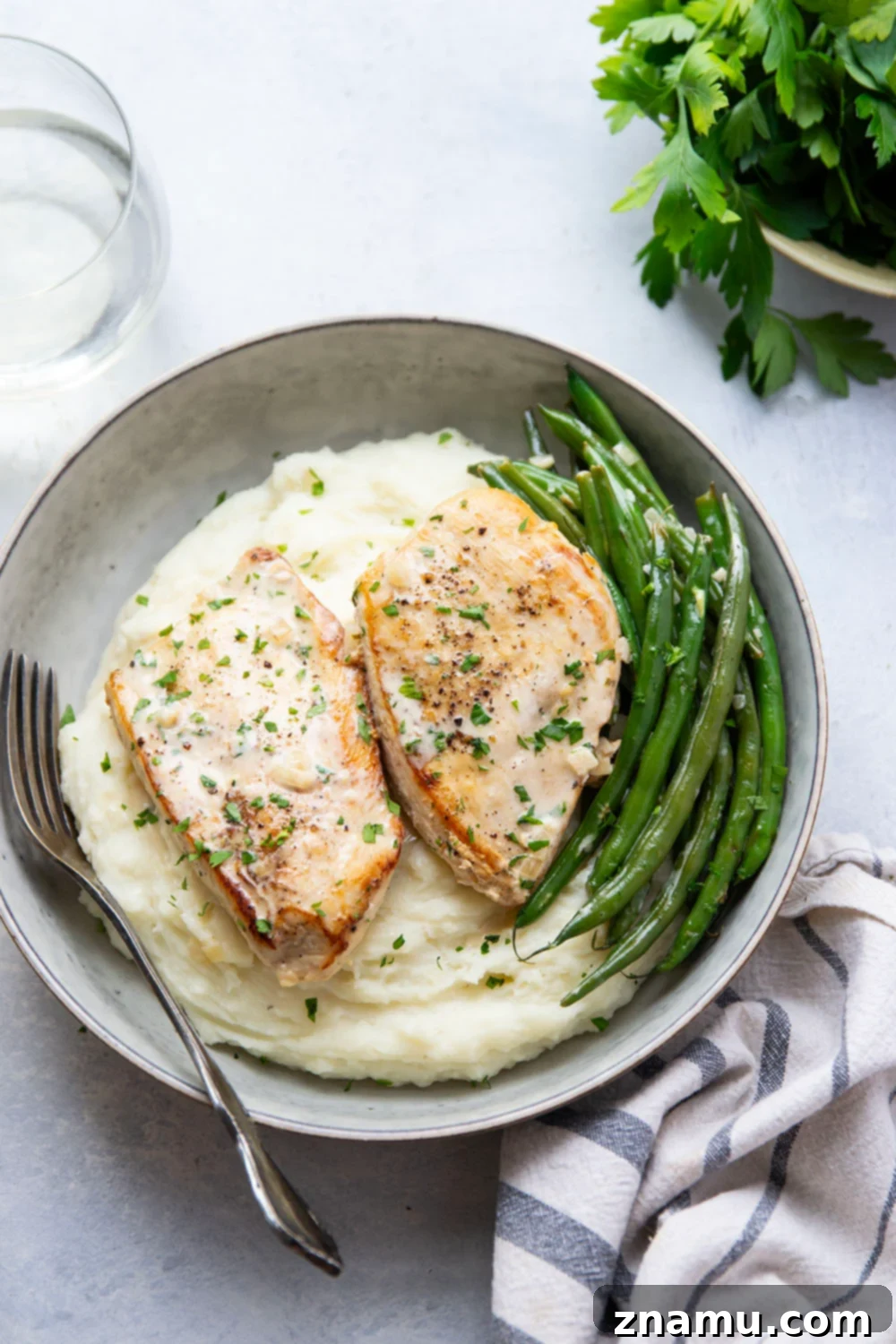 Velvety White Wine Chicken 6 Plated Creamy White Wine Chicken with mashed potatoes and fresh parsley garnish.