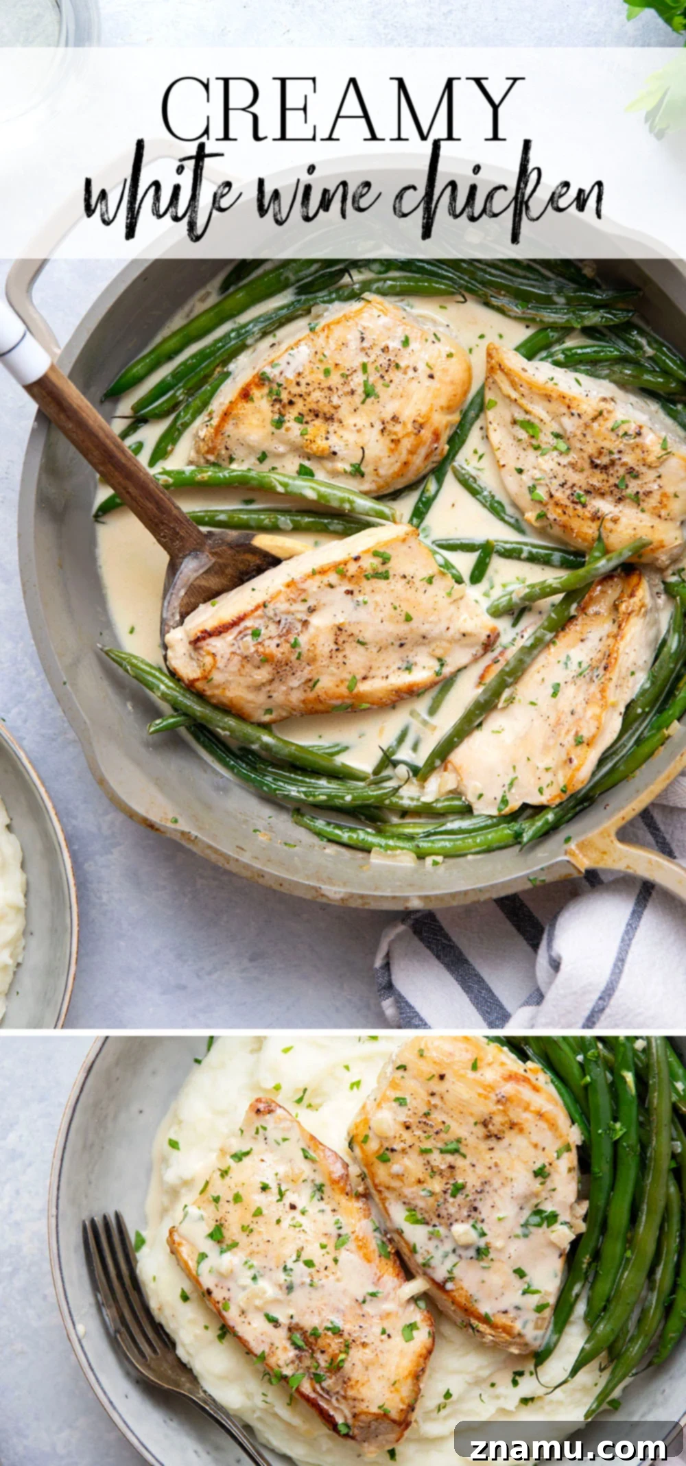 Velvety White Wine Chicken 7 Overhead shot of Creamy White Wine Chicken, ready to serve.