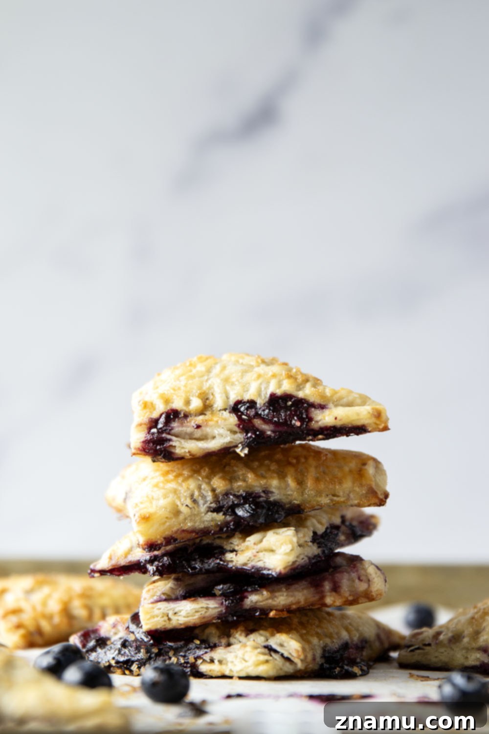 Flaky Blueberry Delights 4 These blueberry turnovers feature a juicy blueberry filling stuffed inside the flakiest homemade pastry dough. The perfect mini-sized pastry!