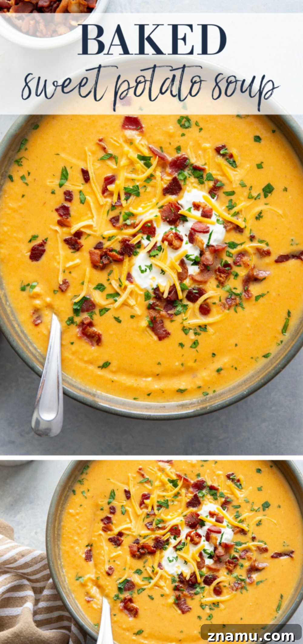 Ultimate Baked Sweet Potato Soup 7 A beautifully presented bowl of Loaded Baked Sweet Potato Soup on a wooden surface, with ingredients like bacon and sweet potatoes in the background, showcasing its wholesome appeal.