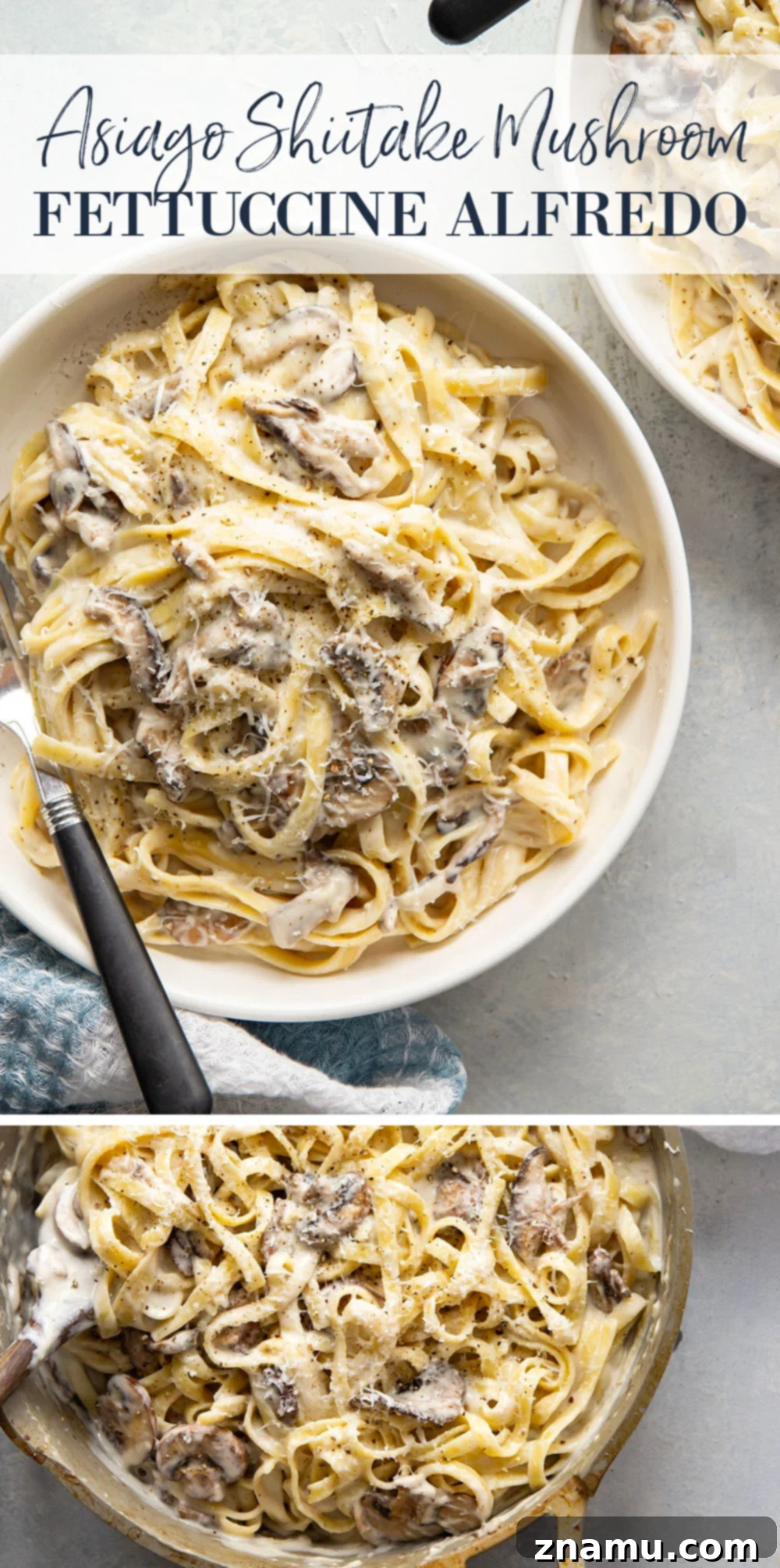 Velvety Asiago Shiitake Alfredo Fettuccine 7 Overhead shot of two plates of Creamy Asiago Shiitake Mushroom Fettuccine Alfredo, garnished and ready to eat.