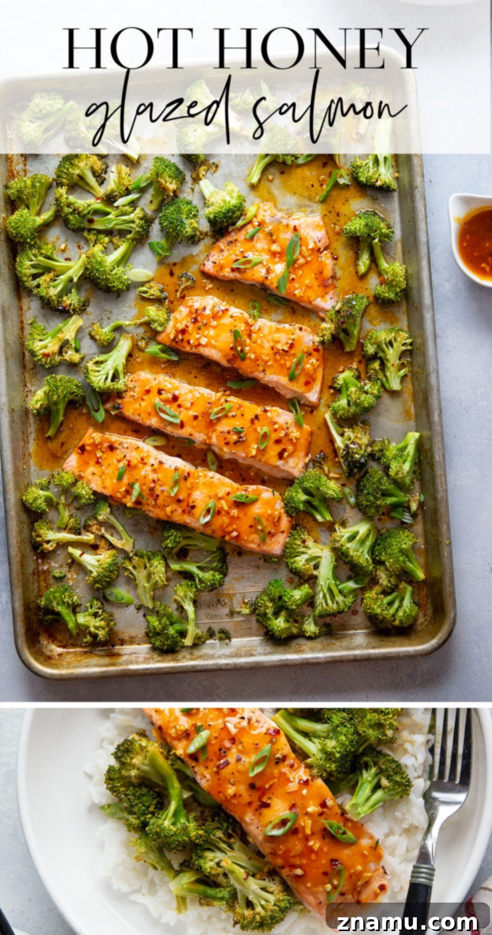 Spicy Honey Glazed Salmon with Roasted Broccoli 7 An overhead shot of a prepared dish of Hot Honey Glazed Salmon and Broccoli on a sheet pan, with a serving spoon, emphasizing the ease of a one-pan meal, ready to be enjoyed.