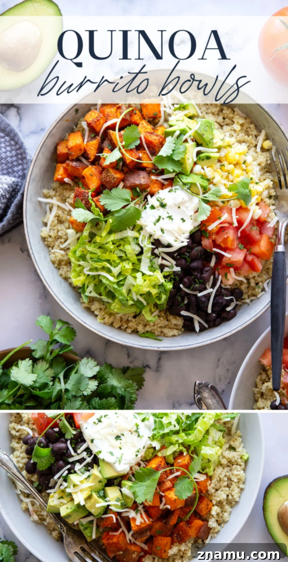 Blackened Sweet Potato & Quinoa Power Bowls 7 These quinoa burrito bowls are piled high with flavorful blackened sweet potato cubes and all the burrito bowl fixins' including black beans, corn, avocado, tomato, and lots of cheese.