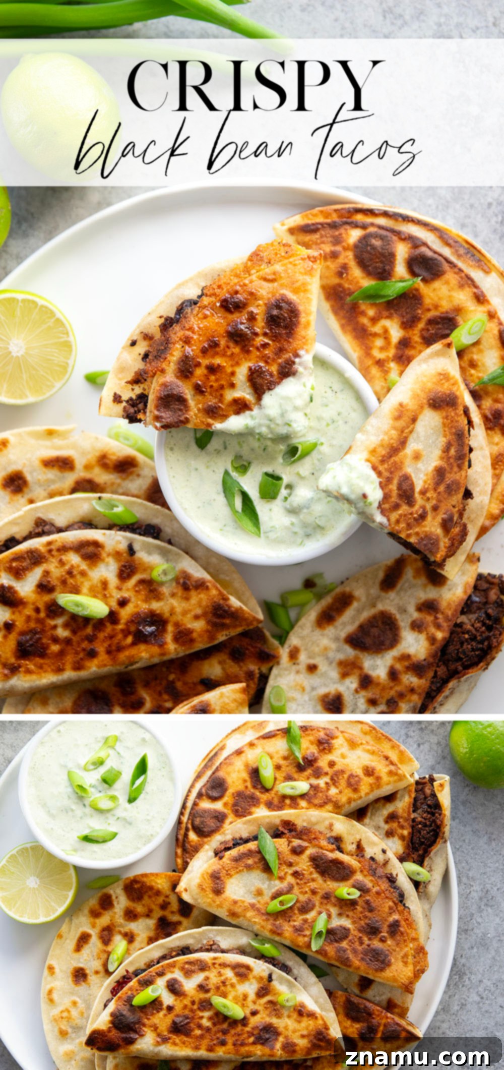 Crispy Black Bean Tacos with Zesty Scallion Lime Sauce 7 Stuffed with a creamy smashed black bean filling and lots of cheese, these crispy black bean tacos are amazing paired with a flavorful scallion lime sauce for dipping.