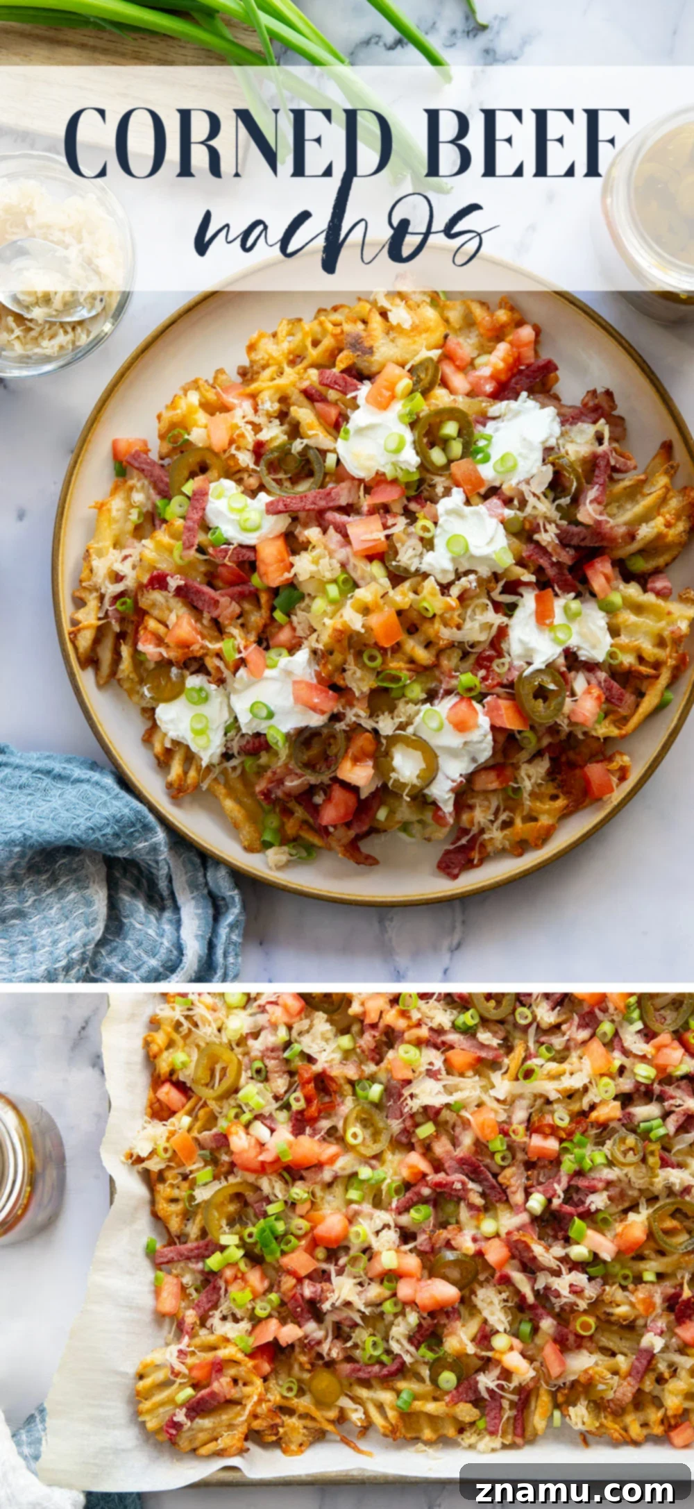 Reuben Nachos 7 These corned beef nachos feature waffle fries that are loaded down with Irish cheddar cheese, corned beef, and tons of toppings for a fun twist on nachos!