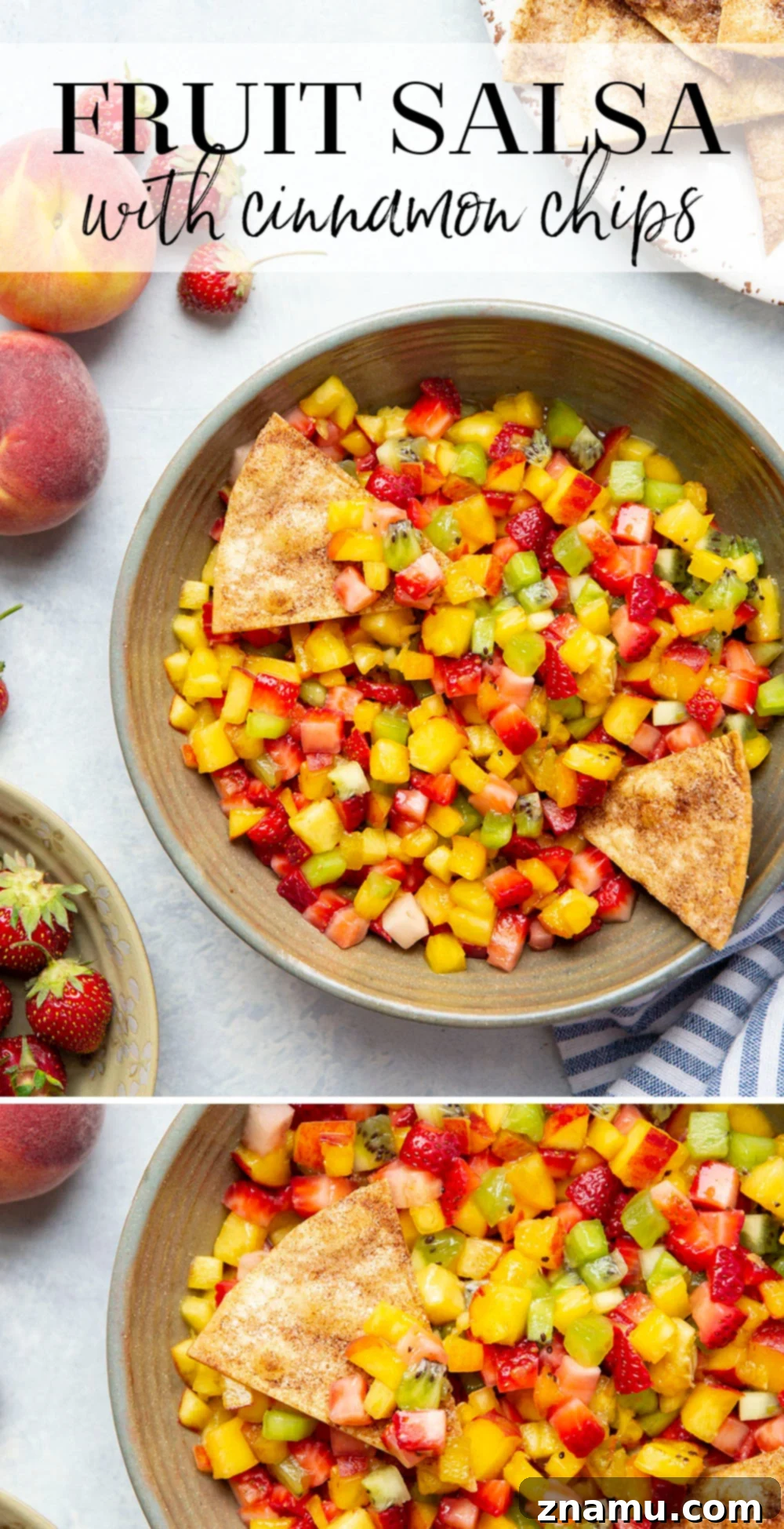 Cinnamon Sugar Crisps with Fresh Fruit Dip 7 Overhead shot of fruit salsa bowl with cinnamon chips scattered around.