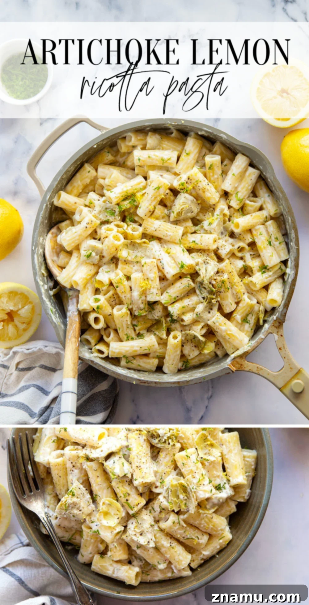 Zesty Lemon Artichoke Ricotta Pasta 7 Fresh lemon and tender artichoke hearts are the perfect pairing in this creamy lemon ricotta pasta! Ready in minutes with only a handful of ingredients.