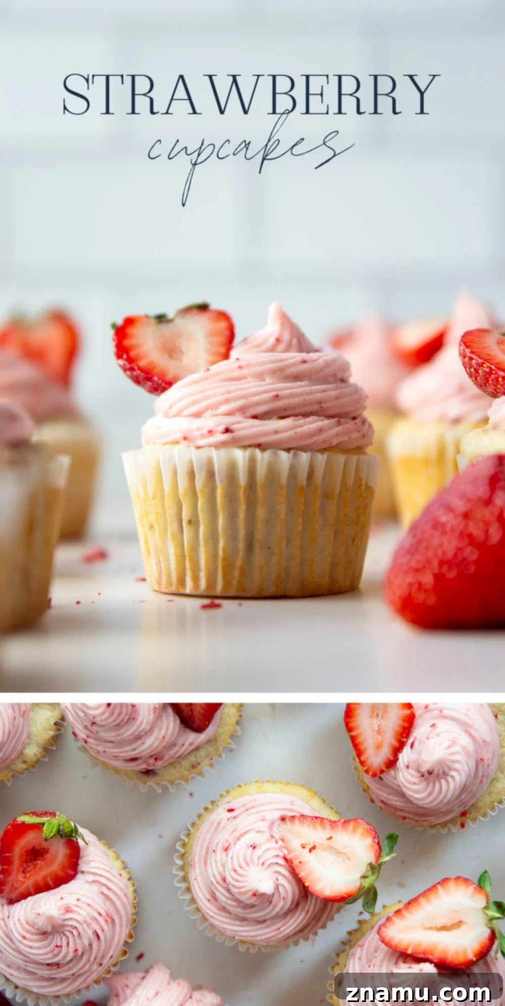 Strawberry Cream Cheese Cupcakes 7 Overhead view of several strawberry cupcakes on a cooling rack, some already frosted