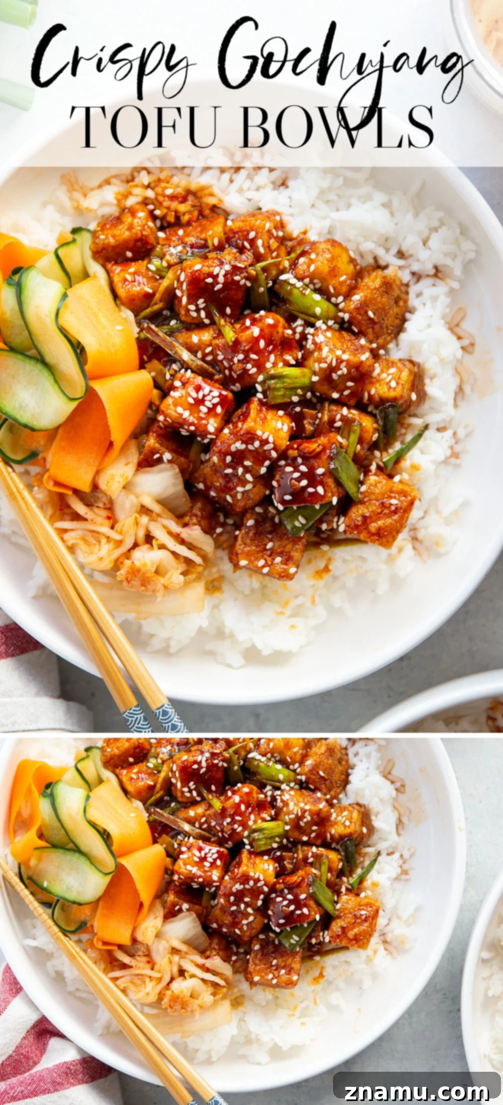 A vibrant overhead shot of crispy gochujang tofu bowls, showcasing all the ingredients beautifully arranged for a delicious and healthy meal.