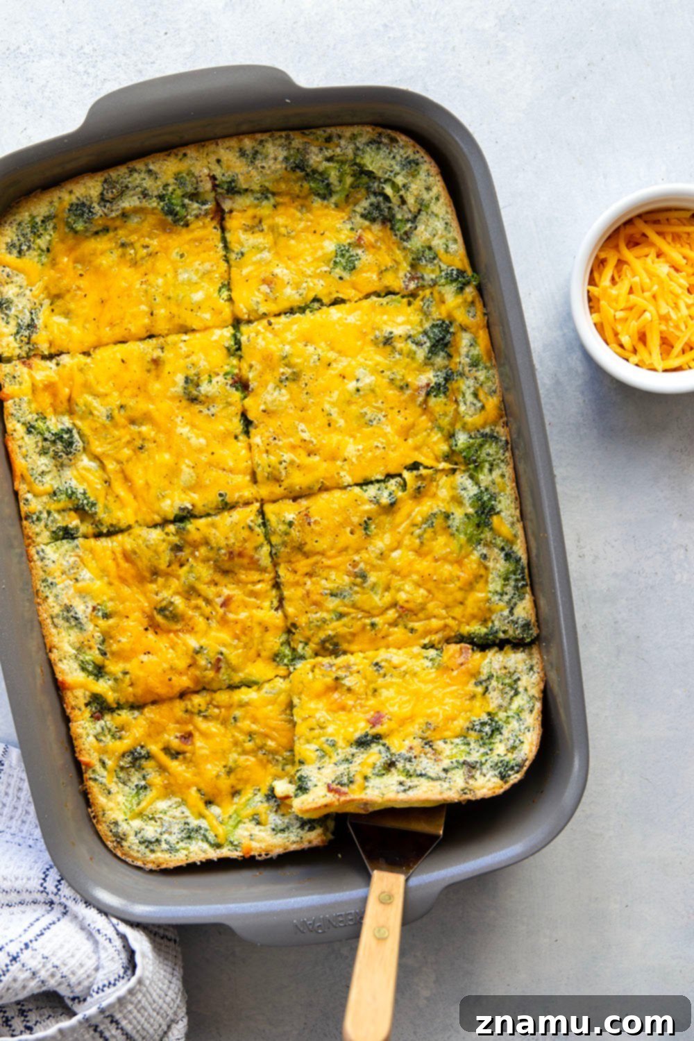 Golden Broccoli Cheddar Egg Bake 5 Tender broccoli and rich cheddar are a dream pairing in this easy cheddar broccoli egg bake that's perfect for serving brunch for a crowd!