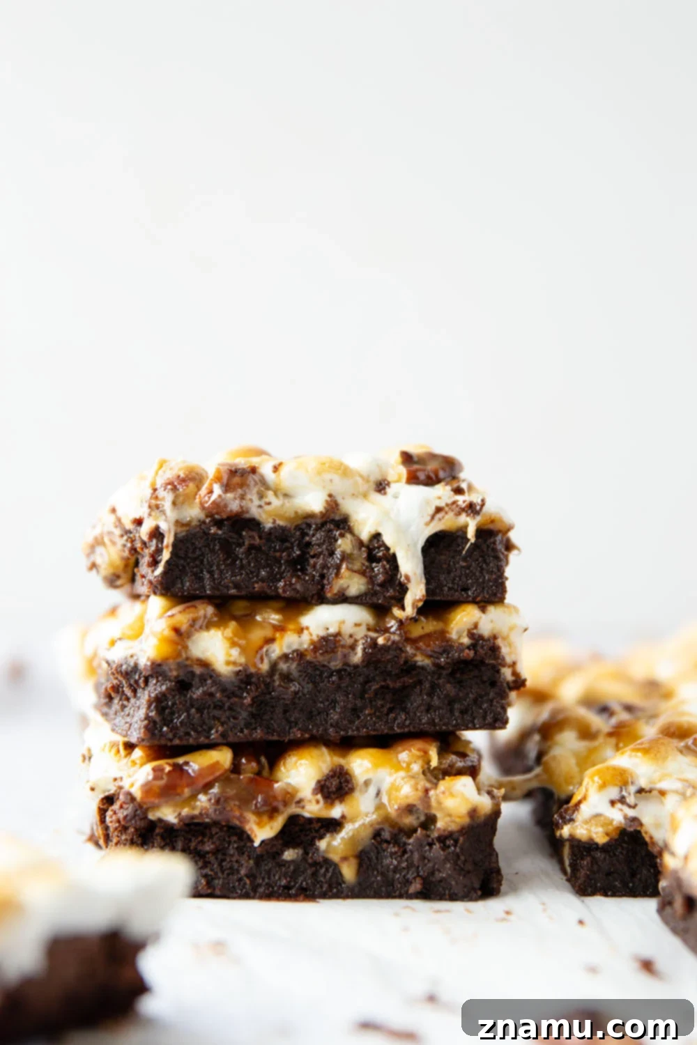 A collection of key ingredients, including chocolate chips, pecans, and marshmallows, for making caramel pecan brownies.