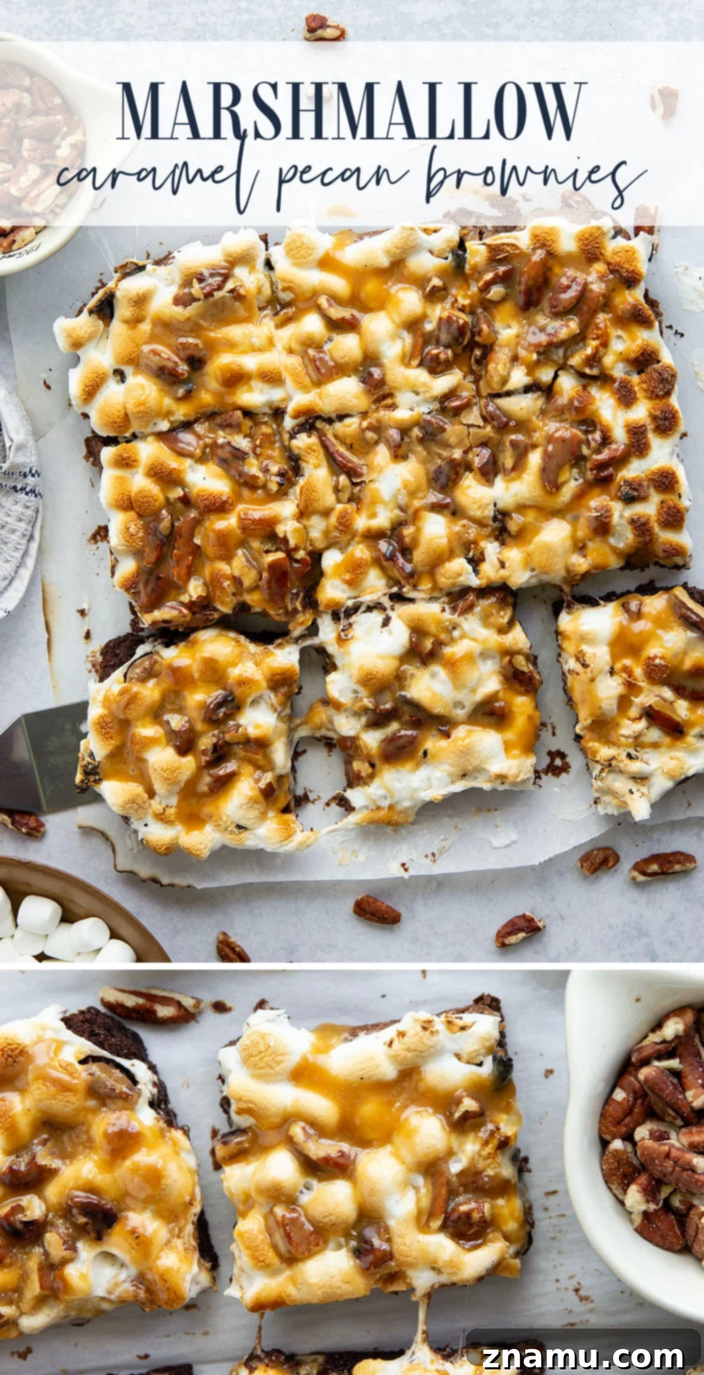 Serving dish filled with individual fudgy caramel pecan brownies.