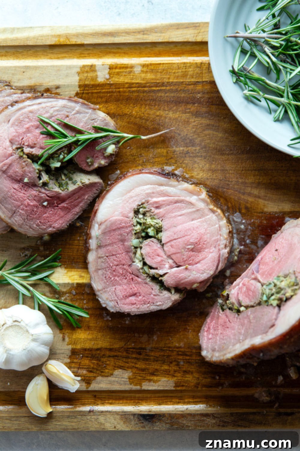 Aromatic Rosemary Garlic Leg of Lamb 4 The leg of lamb, prepped and tied, ready for roasting.
