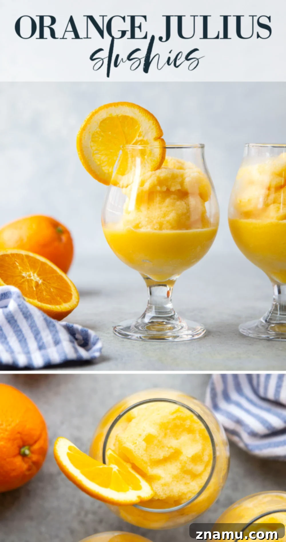 Orange Julius Frosted Delights 7 Overhead shot of Orange Julius Slushies, garnished with orange slices.