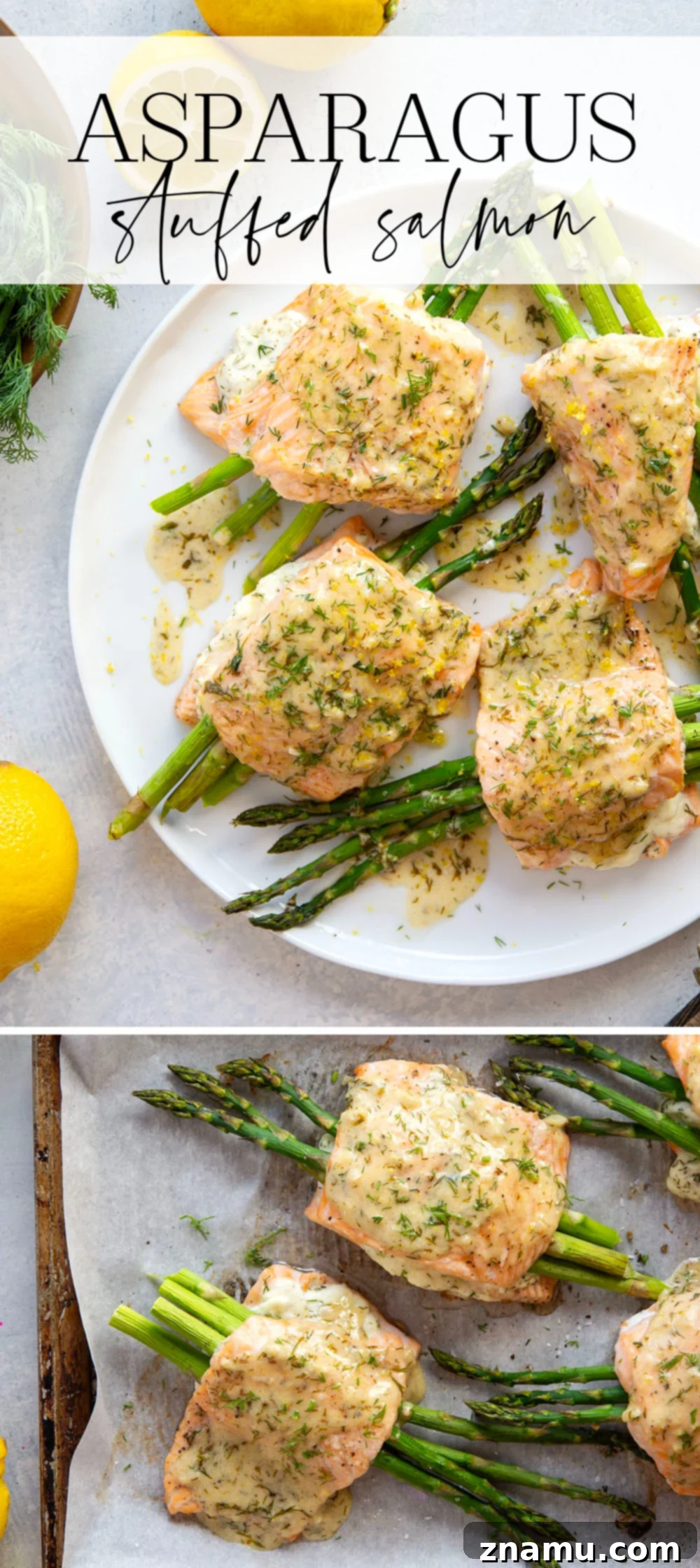Lemon Dill Salmon with Asparagus Stuffing 7 This asparagus stuffed salmon features tender salmon fillets stuffed with a mixture of herbed cream cheese and tender asparagus and then drizzled in a buttery lemon dill sauce.