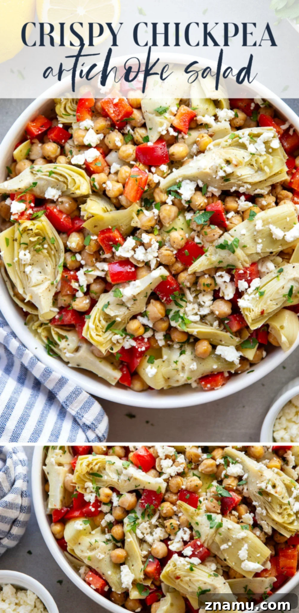 Zesty Artichoke and Crispy Chickpea Medley 7 A final, appealing shot of the Crispy Chickpea Artichoke Salad, possibly a wider view with a serving spoon or nearby ingredients. This image aims to reinforce the deliciousness and ease of preparation, encouraging readers to make the salad.