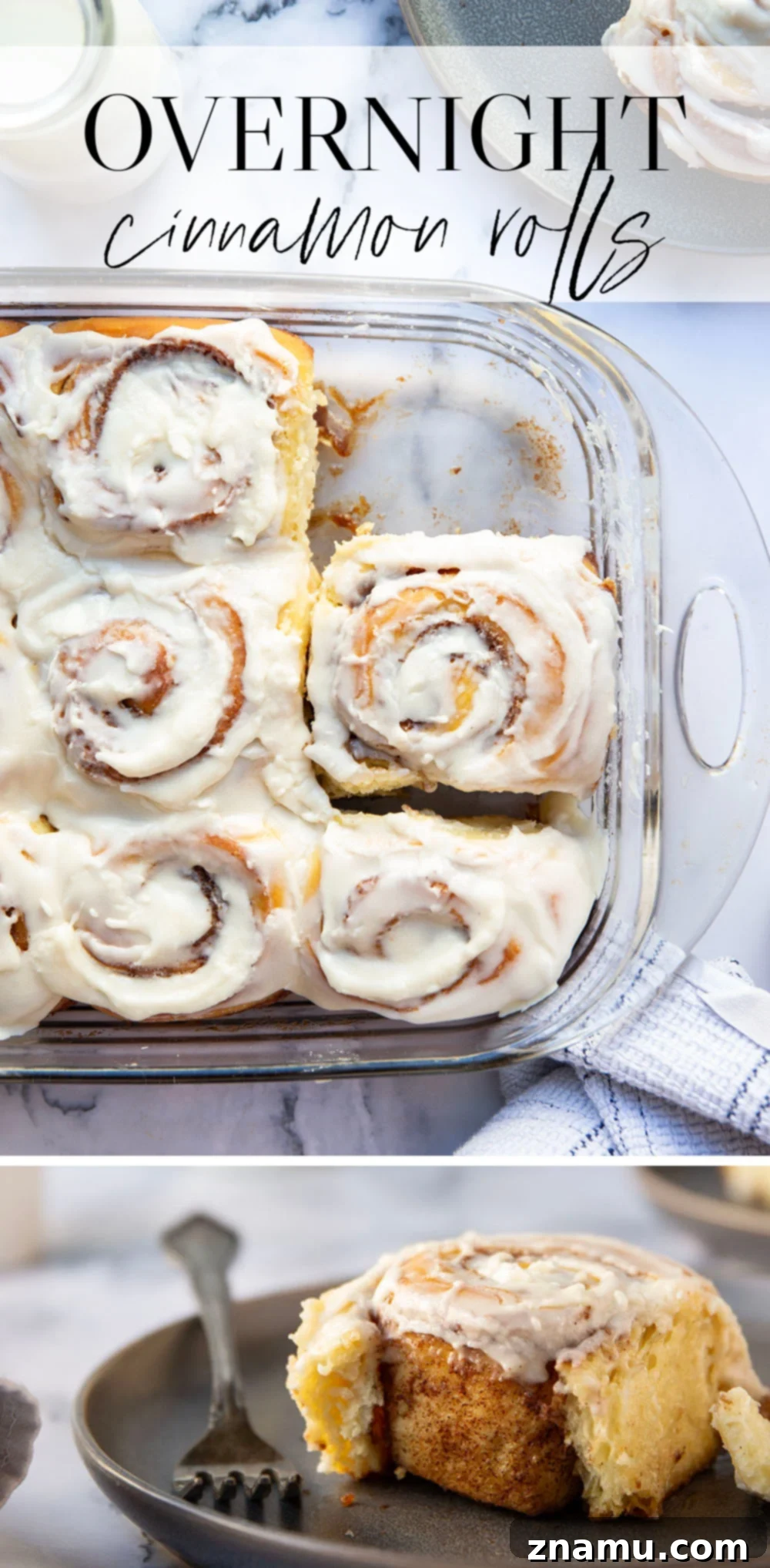 Wake Up To Warm Cinnamon Rolls 7 An overhead shot of two irresistible overnight cinnamon rolls, each perfectly swirled and generously frosted, placed on a rustic wooden surface, highlighting their homemade appeal.