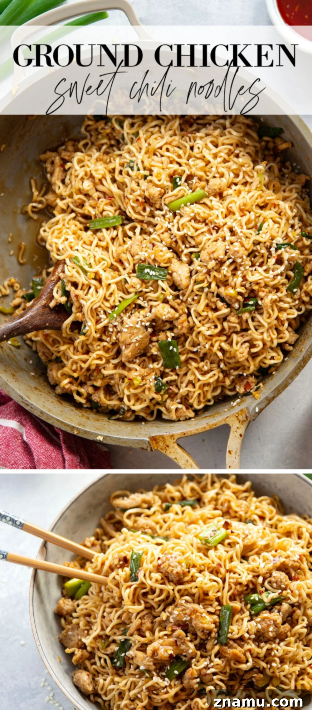 Sweet Chili Glazed Chicken Noodles 7 A large, beautifully plated serving of Ground Chicken Sweet Chili Noodles, showcasing the intricate details of the dish and its appealing presentation.