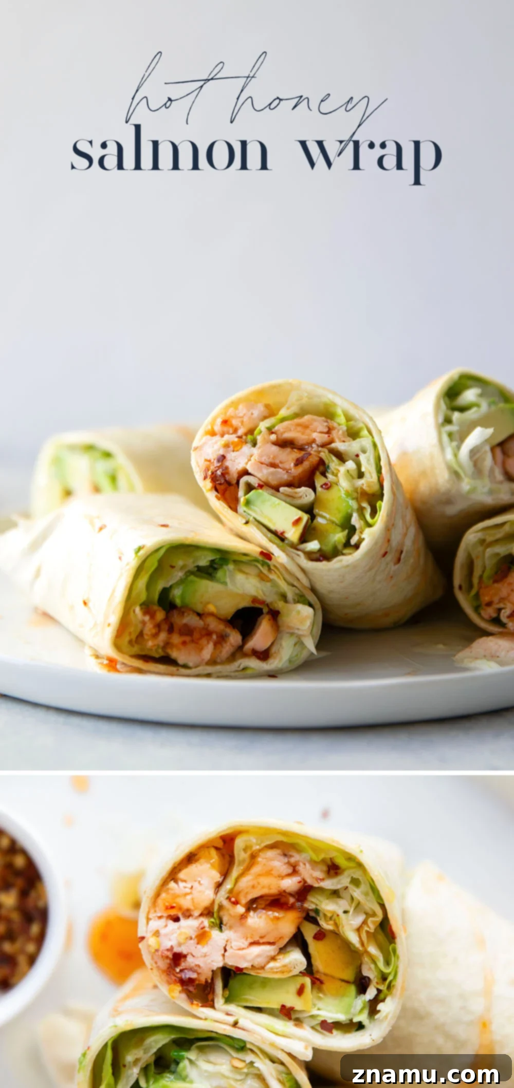 Sweet Heat Salmon Wrap 7 A beautifully presented hot honey salmon wrap, ready to be enjoyed.