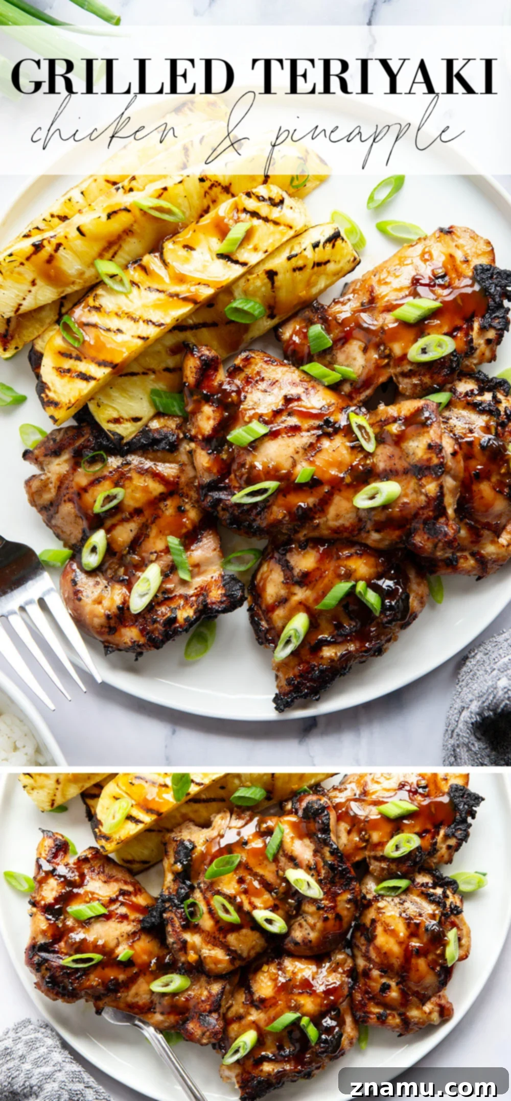 Overhead view of grilled teriyaki chicken and pineapple served family style