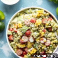 Smoky Poblano Corn Salad with Fresh Cilantro Crema 8 Tender charred poblano peppers and sweet corn are tossed with a flavorful creamy cilantro dressing in this colorful poblano corn salad.