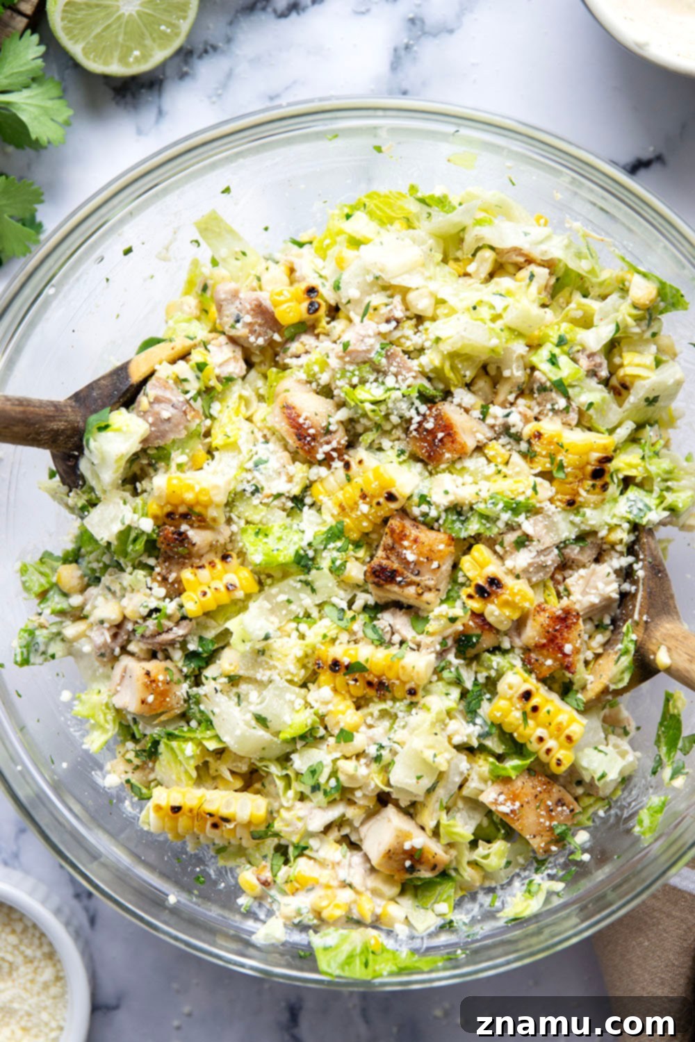 Zesty Elote Chopped Salad 3 Close-up of a refreshing Mexican Street Corn Chopped Salad, highlighting charred corn kernels and fresh cilantro.