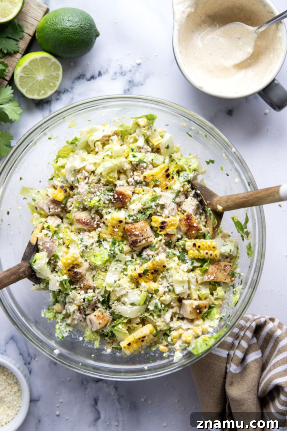 Zesty Elote Chopped Salad 5 Grilled chicken and corn with beautiful char marks, ready to be chopped for a salad.
