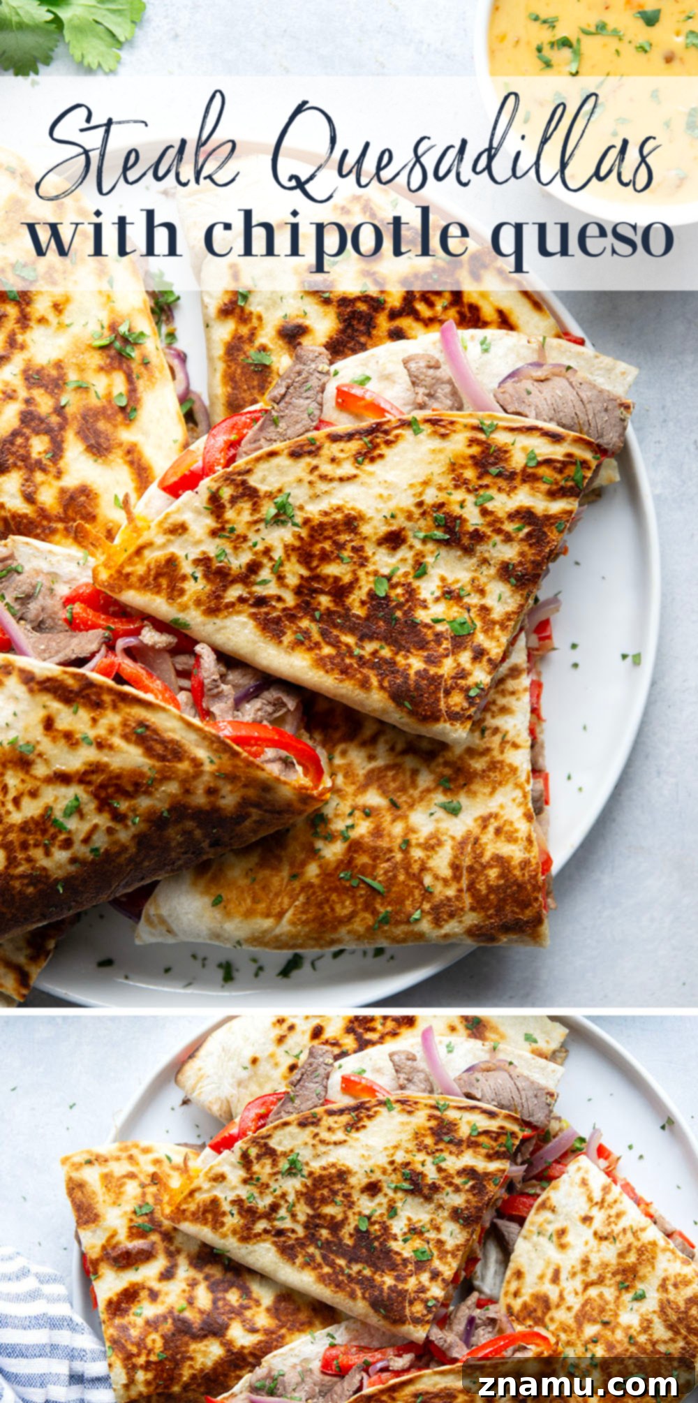 Spicy Chipotle Queso Steak Quesadillas 7 Assorted Mexican dinner dishes, including steak quesadillas, for a full table spread.