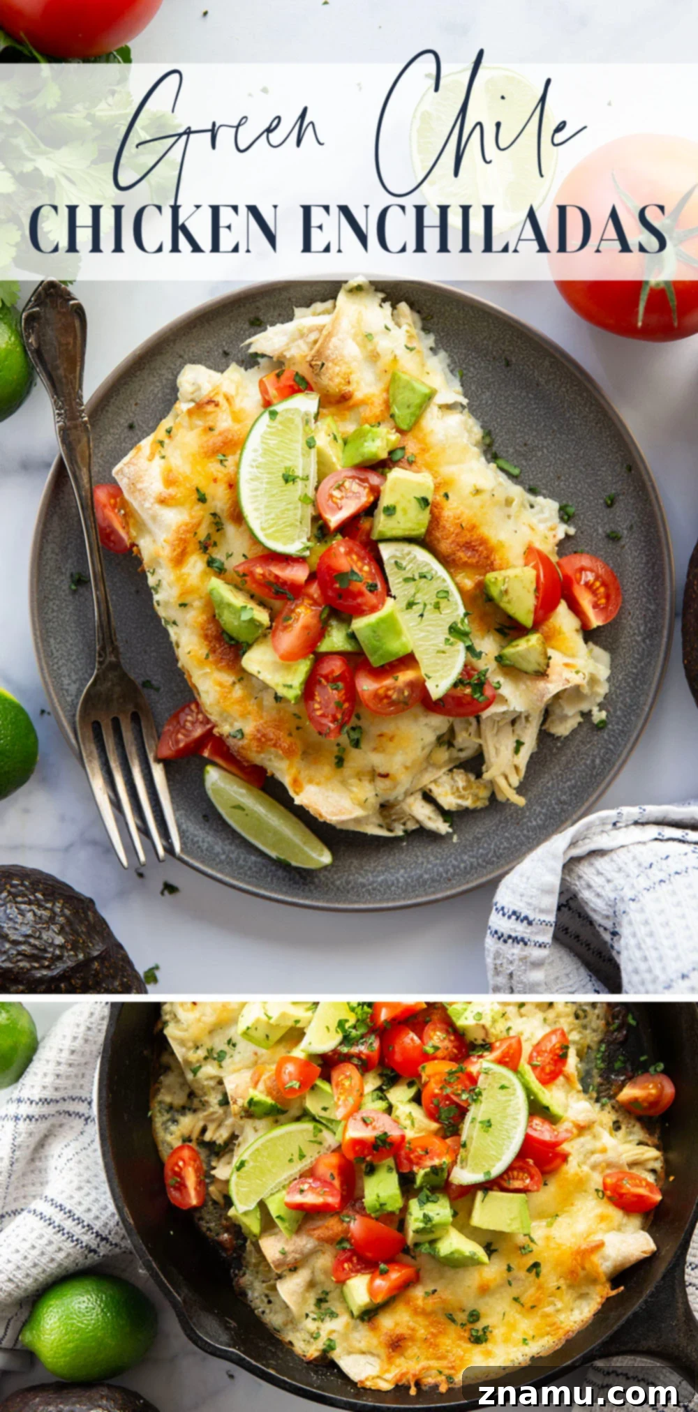 One-Skillet Green Chile Chicken Enchiladas 7 Baked in a creamy salsa verde sauce and stuffed with tender green chile chicken, these skillet green chile chicken enchiladas are piled high with the works!