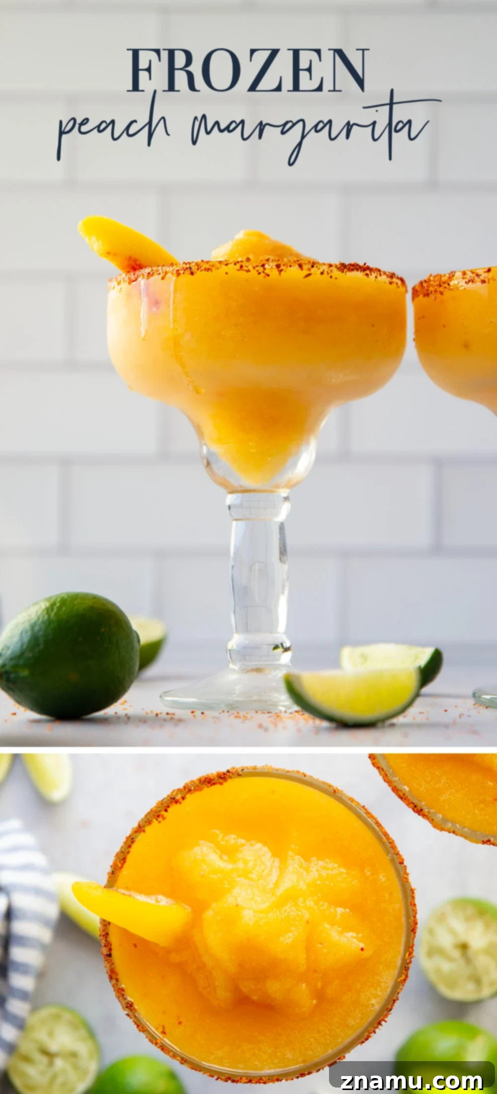 Frozen Peach Margarita 7 Blend up this frozen peach margarita in minutes with only a handful of ingredients! Serve them ice cold with a spicy tajin or salty rim.