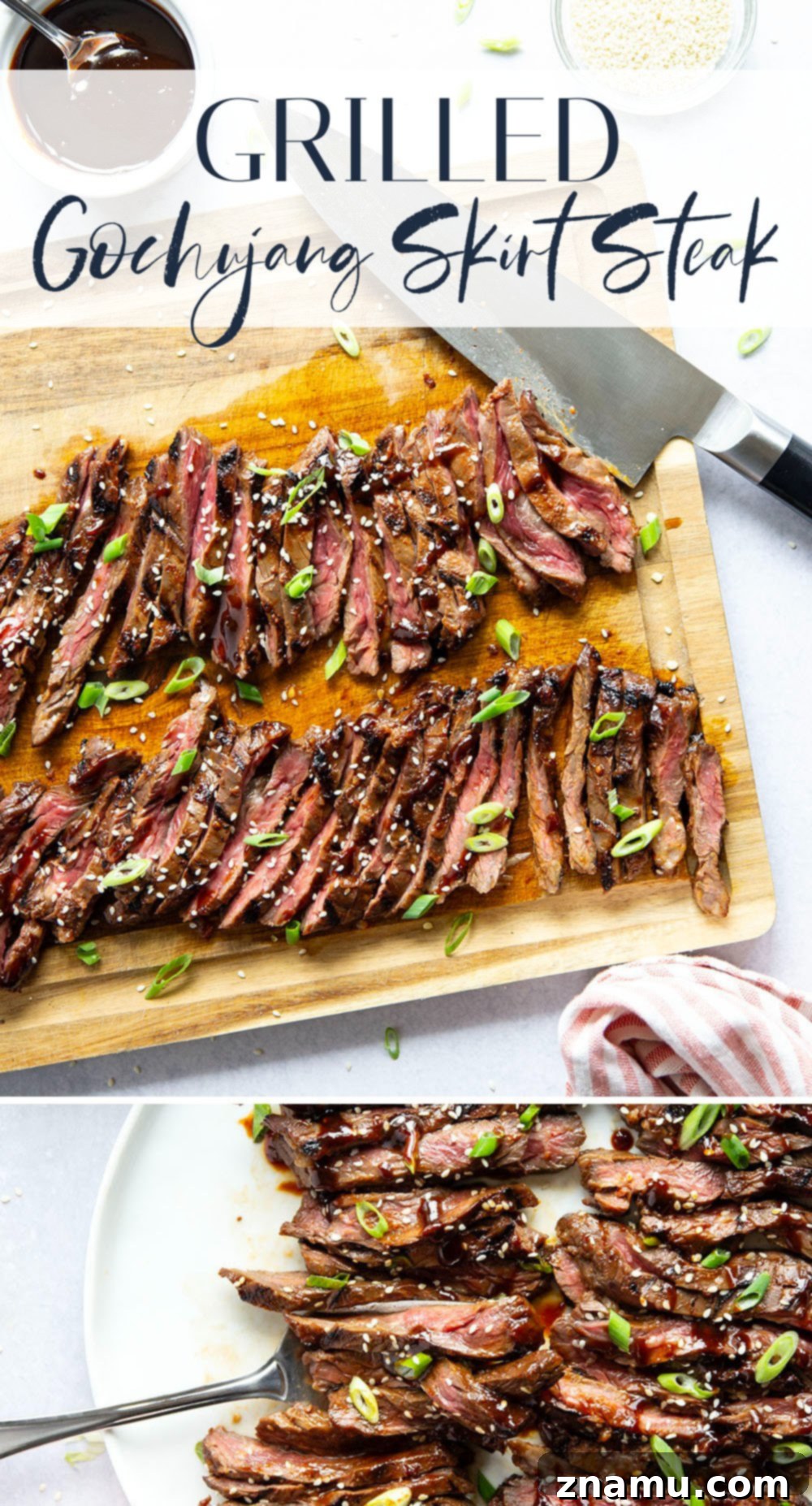 Spicy Gochujang Grilled Skirt Steak 7 Marinated in a spicy gochujang sauce and grilled to smoky perfection, this grilled gochujang skirt steak can be prepped ahead of time and is always a popular meat for cookouts!