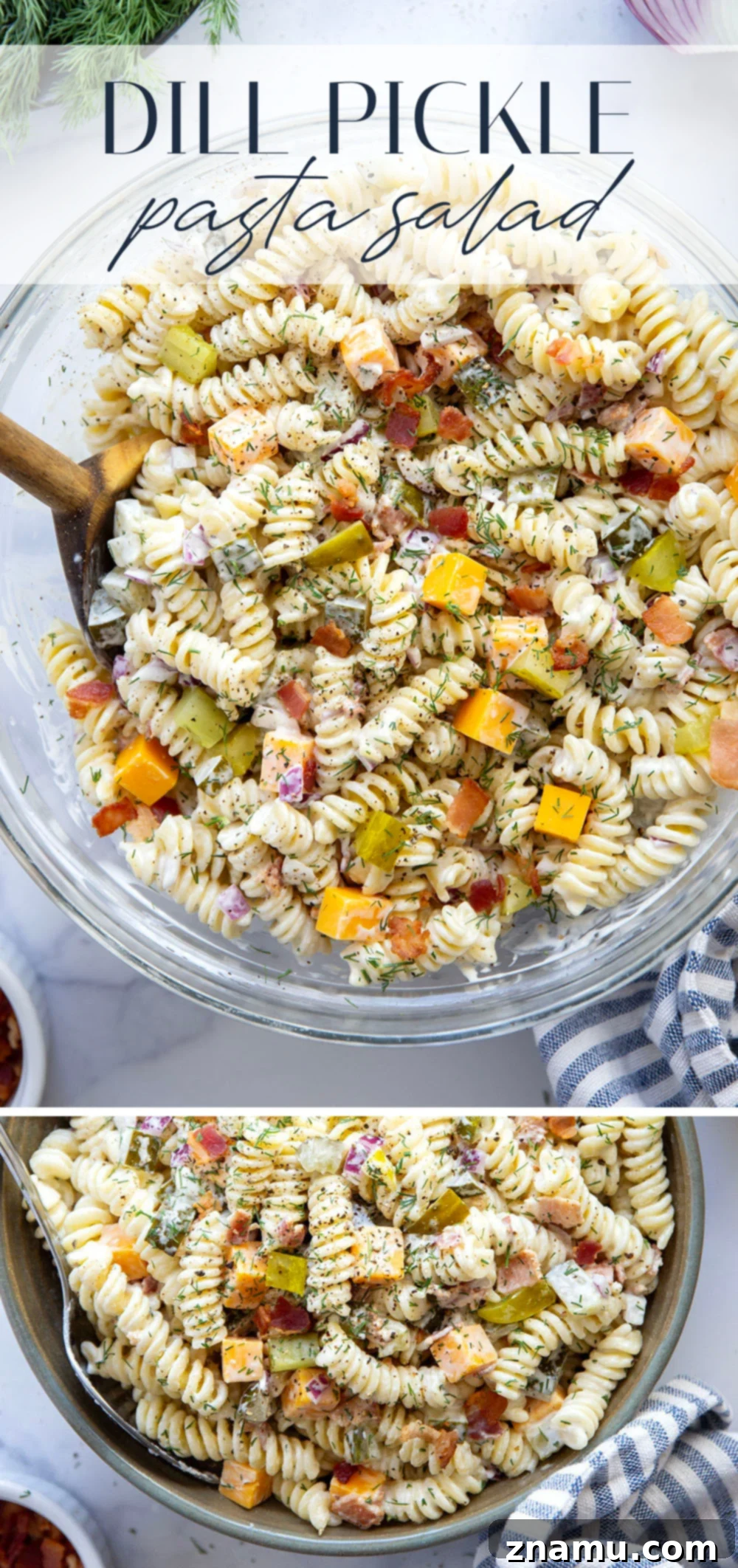 Zesty Bacon Dill Pasta Salad 7 Top-down shot of a large, rustic bowl filled with Bacon Dill Pickle Pasta Salad, ready for serving.
