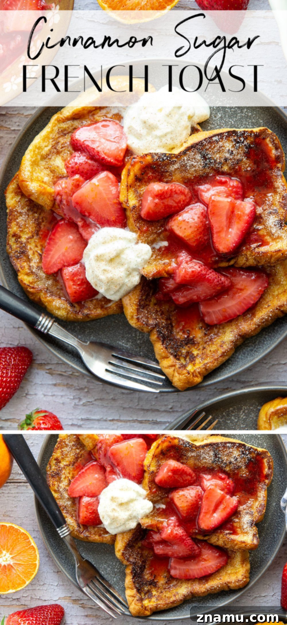 Golden Cinnamon Sugar French Toast with Zesty Strawberry Orange Sauce 7 Overhead shot of two plates of Cinnamon Sugar French Toast, each with strawberry orange sauce, whipped cream, and fresh berries.