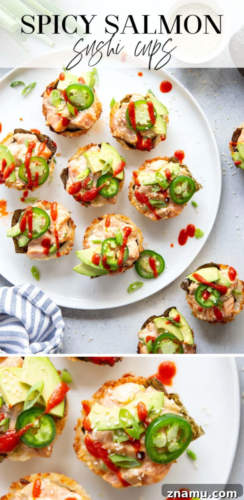 Spicy Salmon Sushi Bites 7 These spicy salmon sushi cups feature crispy rice cups filled with a spicy sriracha salmon filling and topped with lots of fresh avocado and jalapeno.