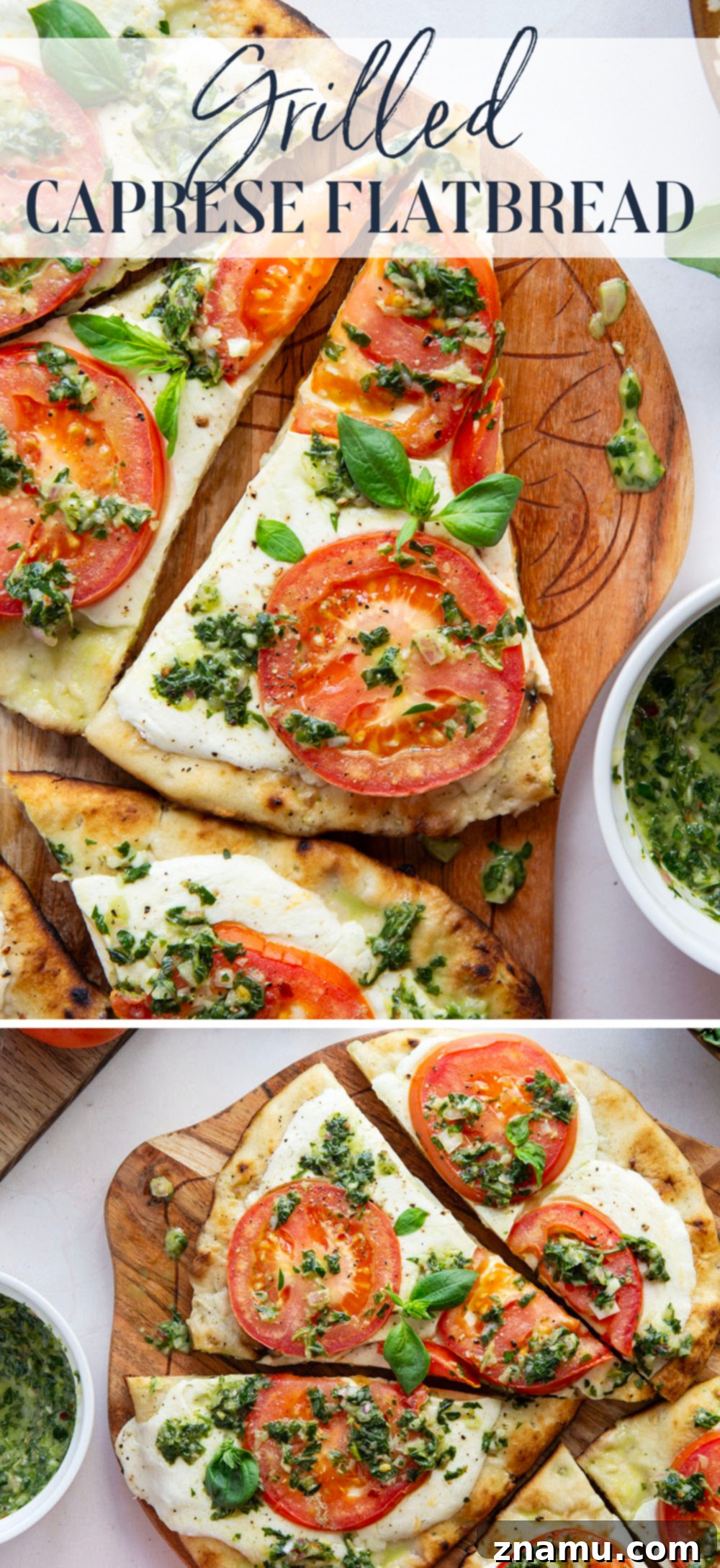Fire-Kissed Caprese Flatbread with Aromatic Basil Chimichurri 7 Overhead shot of two Caprese flatbreads, one whole and one sliced, drizzled with chimichurri.
