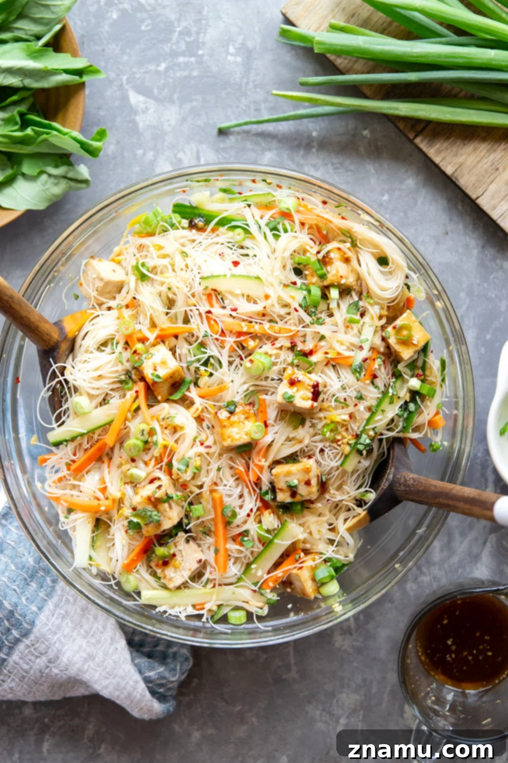 A bowl of tender, perfectly soaked vermicelli rice noodles, ready to be mixed into a refreshing salad.