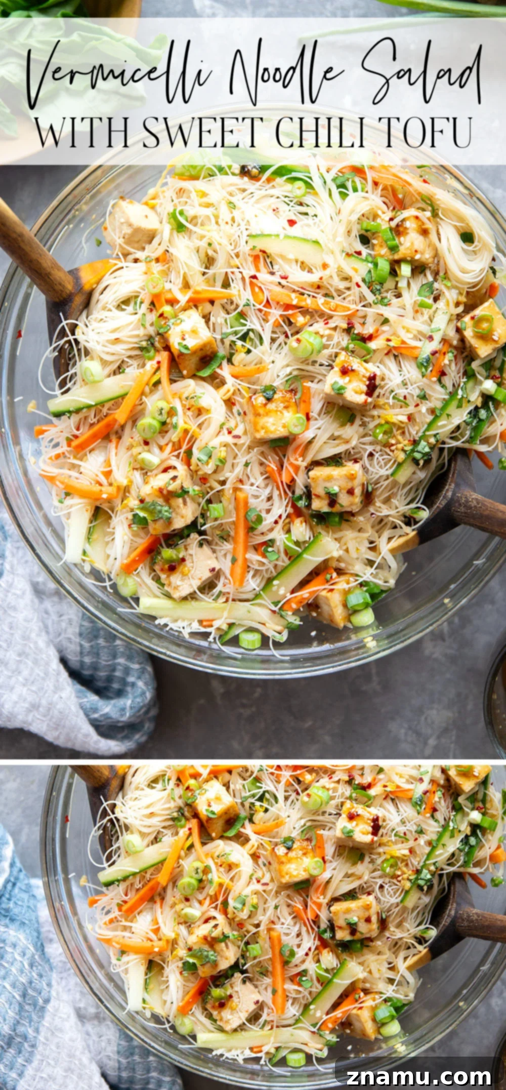 A close-up shot of the Vermicelli Noodle Salad from above, highlighting the texture of the noodles, the crispness of the vegetables, and the succulent tofu cubes, ready to be devoured.