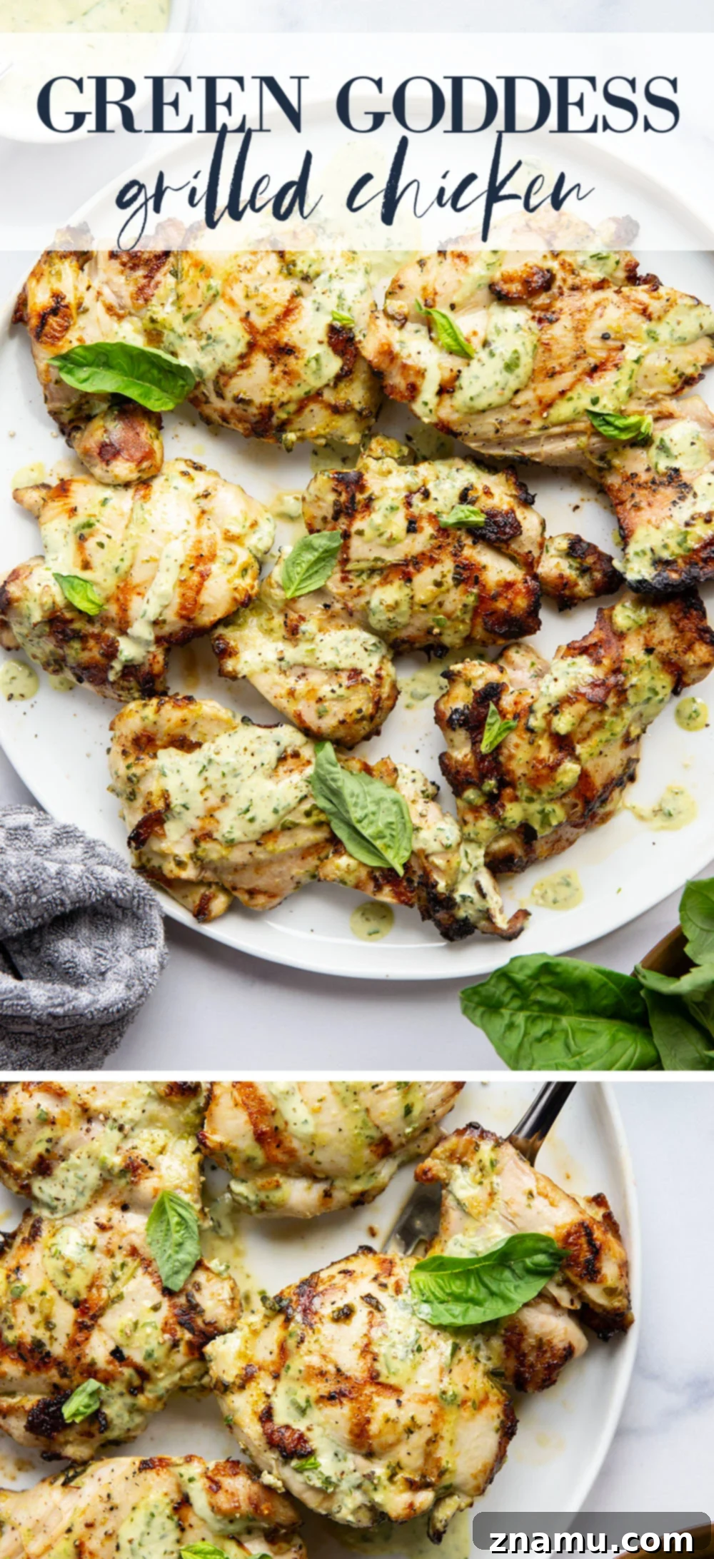 Green Goddess Fire-Kissed Chicken 7 This green goddess grilled chicken features juicy chicken thighs marinated in an herby homemade green goddess dressing and grilled until perfectly smoky and tender.