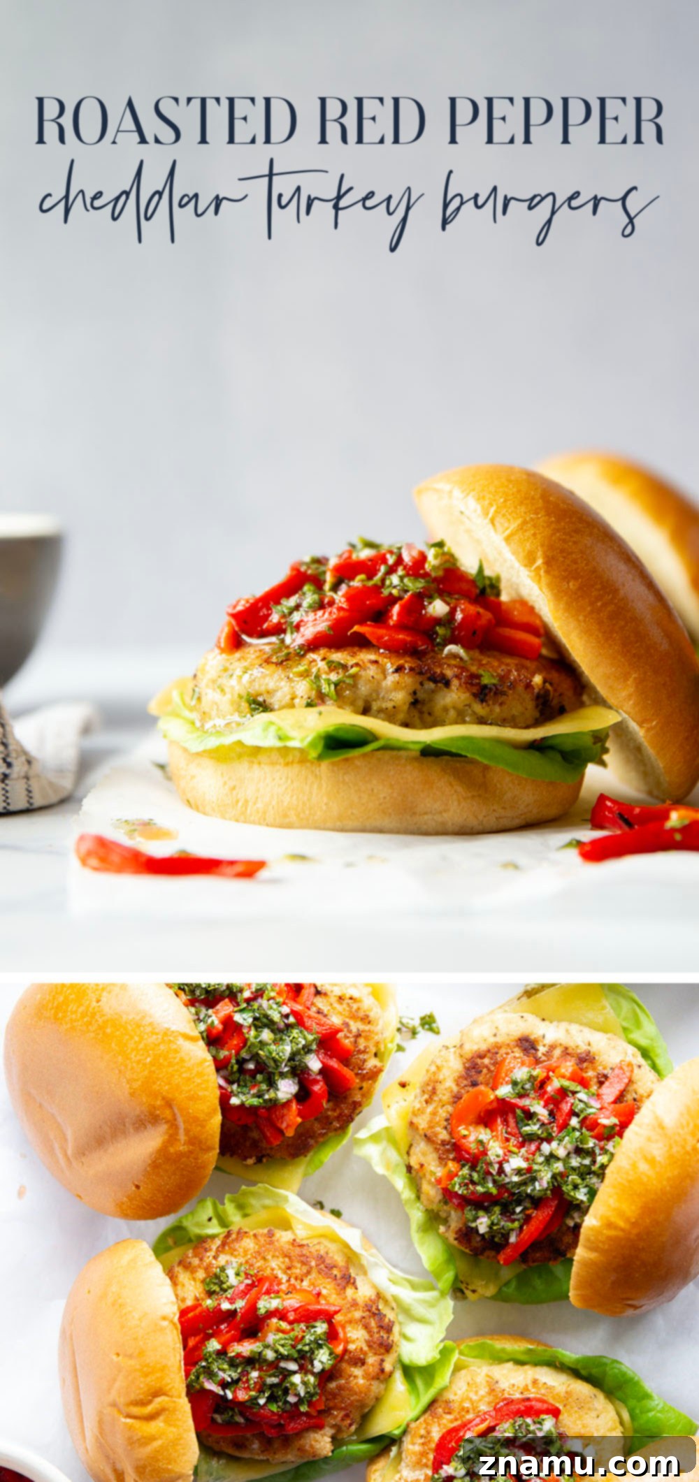Zesty Chimichurri Turkey Burgers with Roasted Red Pepper and Cheddar 7 Full spread of summer dinner with Roasted Red Pepper Cheddar Turkey Burgers, chimichurri, and fresh ingredients