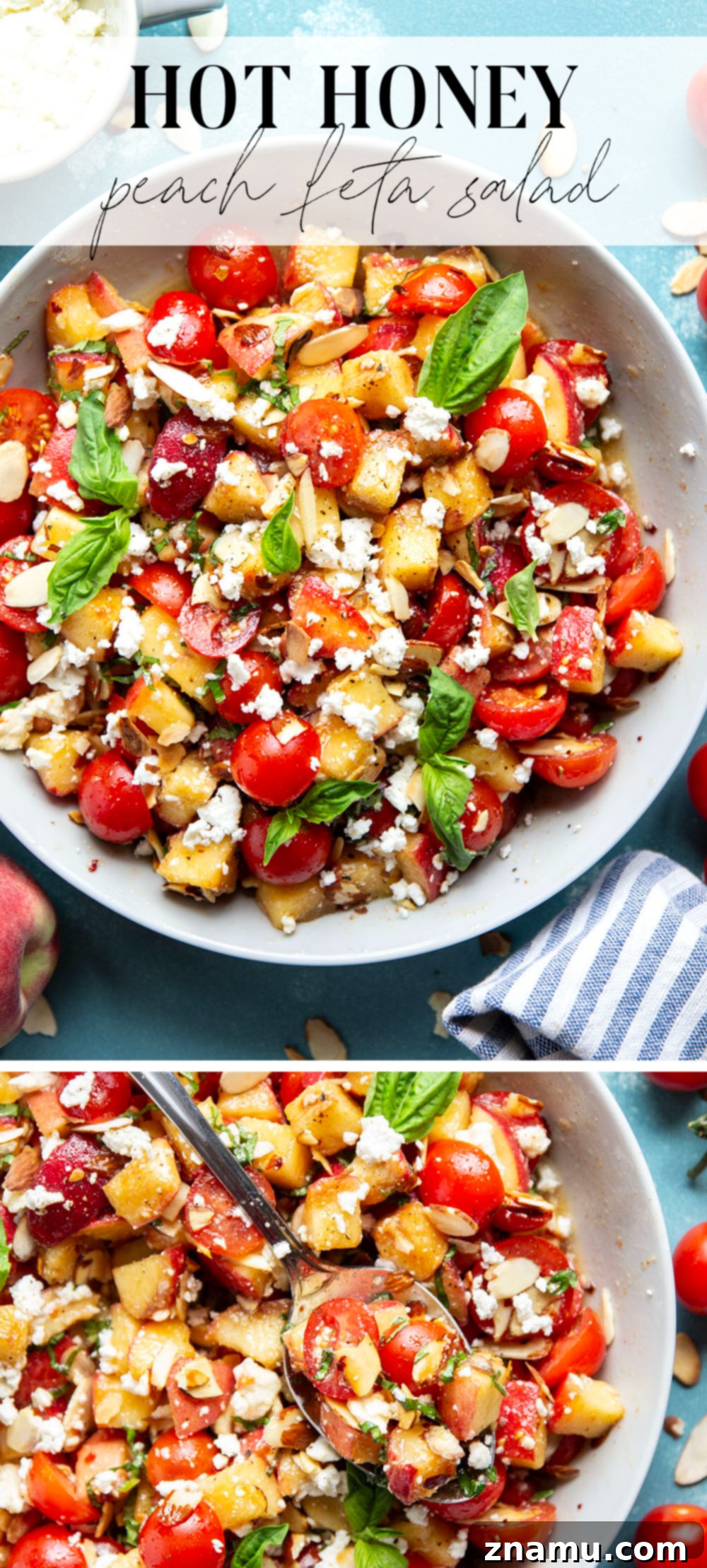 Peach Feta Heatwave Salad 7 This peach feta salad features juicy peaches, tangy feta, and an incredible sweet and spicy hot honey sauce coating every bite!