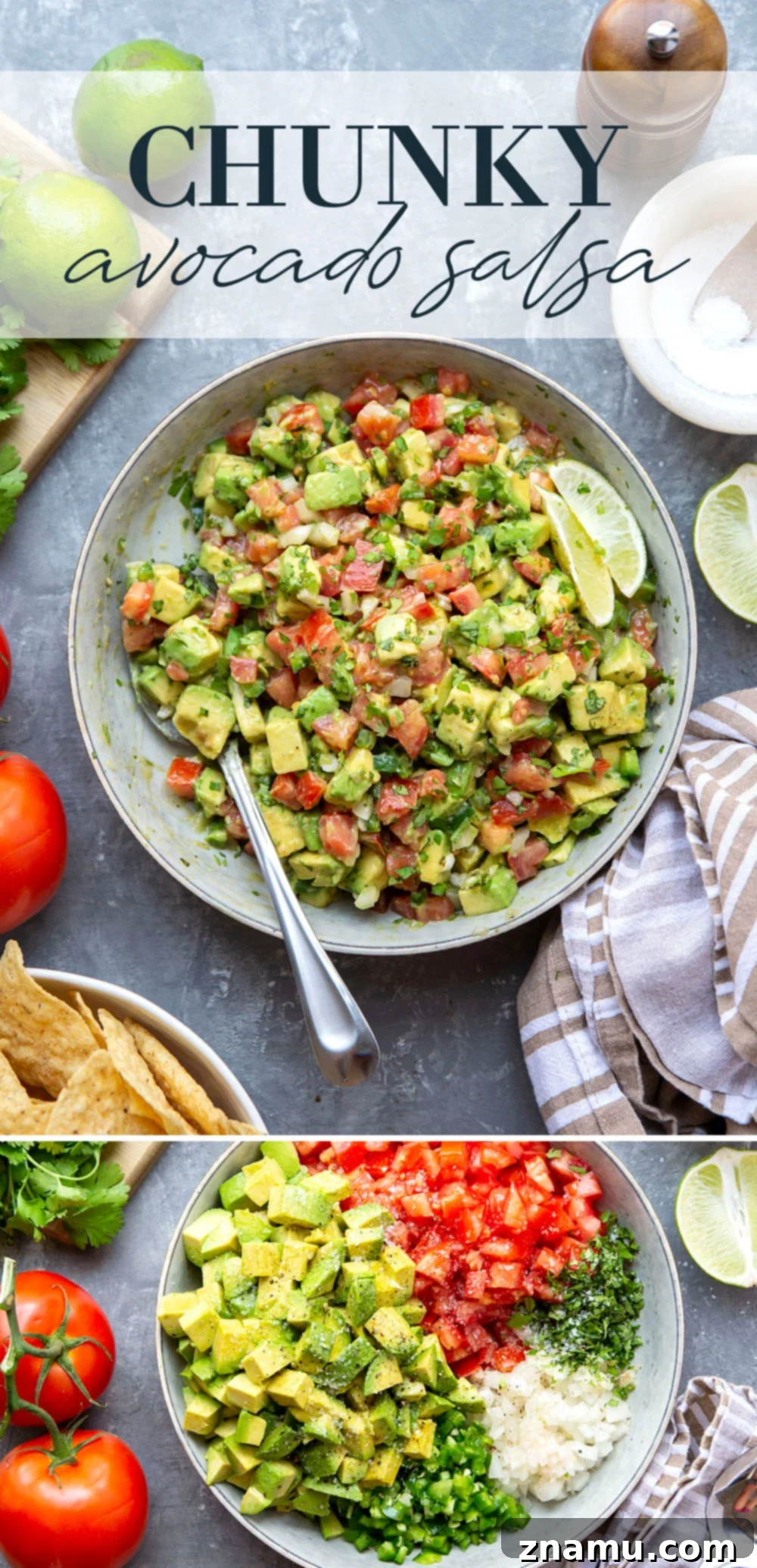 The Ultimate Chunky Avocado Salsa 7 An overhead shot of a large, rustic bowl filled with chunky avocado salsa, surrounded by neatly stacked tortilla chips, highlighting the appetizing texture and freshness of the dip.