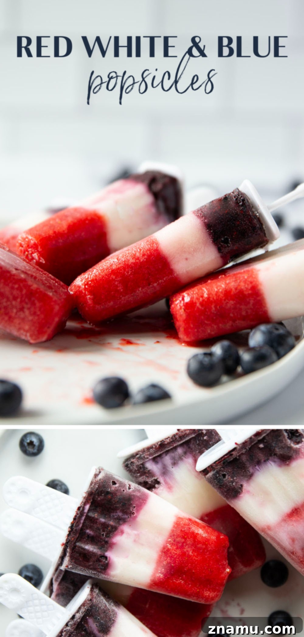 Stars and Stripes Pops 7 Collection of red, white, and blue popsicles on a wooden board