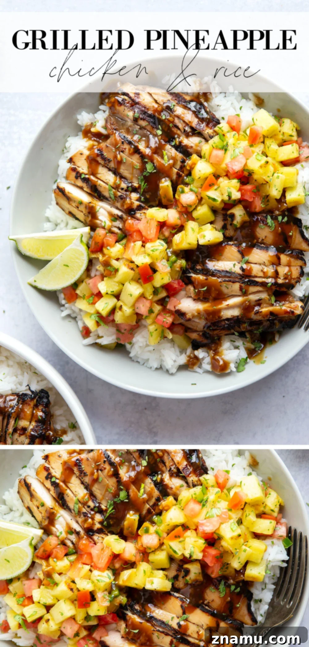 Overhead shot of a beautifully presented grilled pineapple chicken and rice bowl.