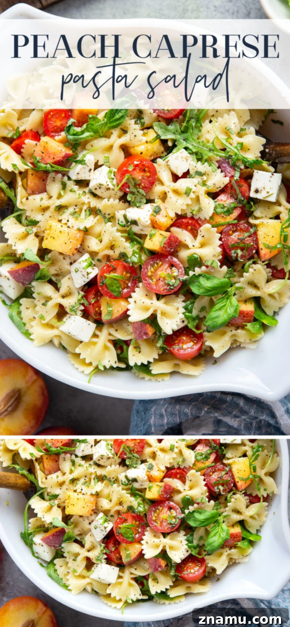 Golden Peach Caprese Pasta 7 Sweet peaches pair perfectly with herby basil, soft mozzarella, juicy cherry tomatoes, and a tangy balsamic dressing in this peach caprese pasta salad.