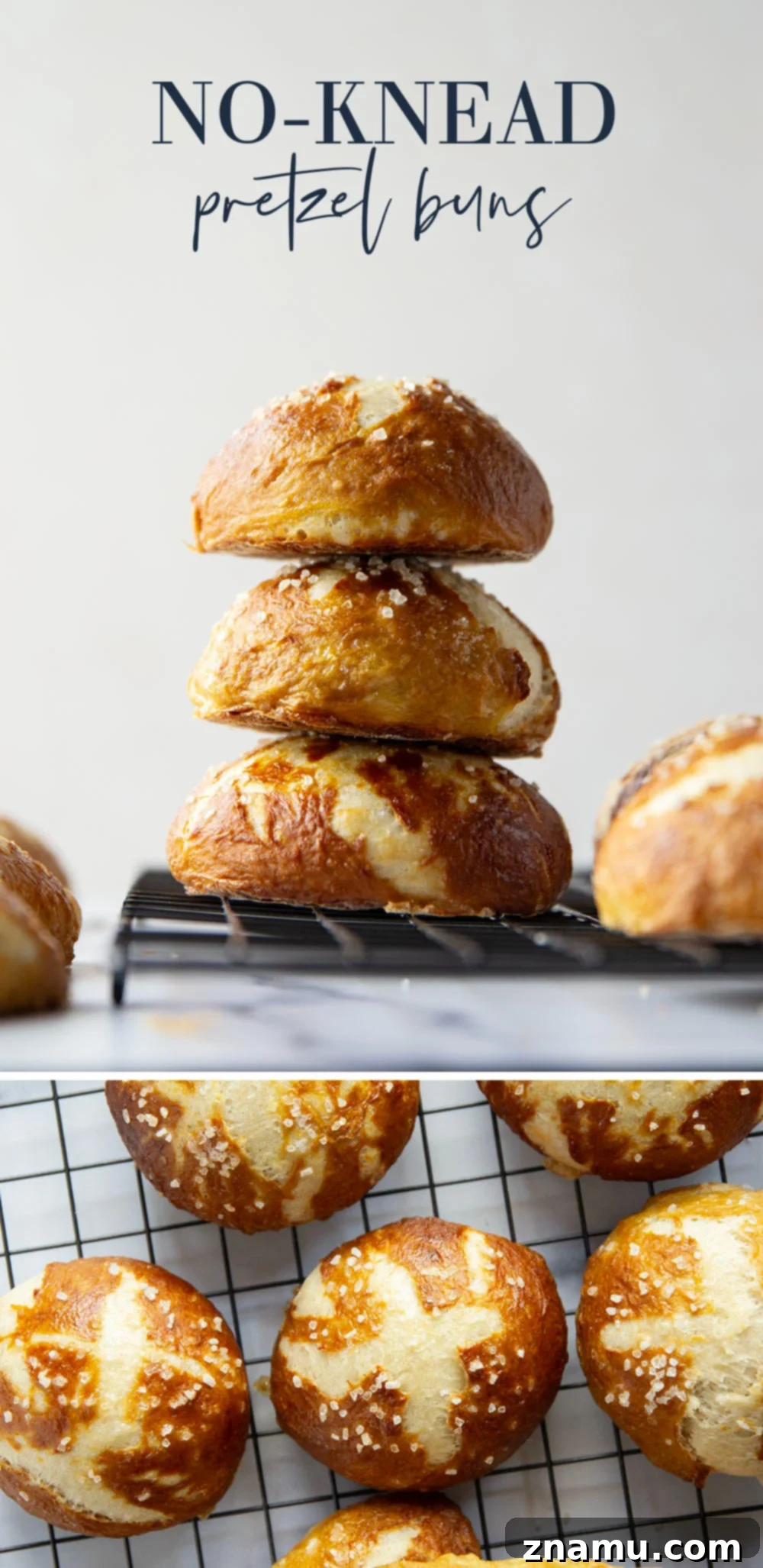 Effortless No-Knead Pretzel Buns 7 These no-knead pretzel buns are perfectly soft and sturdy inside with a golden, crispy exterior. Use them as a base for hamburgers, hot dogs, brats, and pretty much any sandwich you can think of!