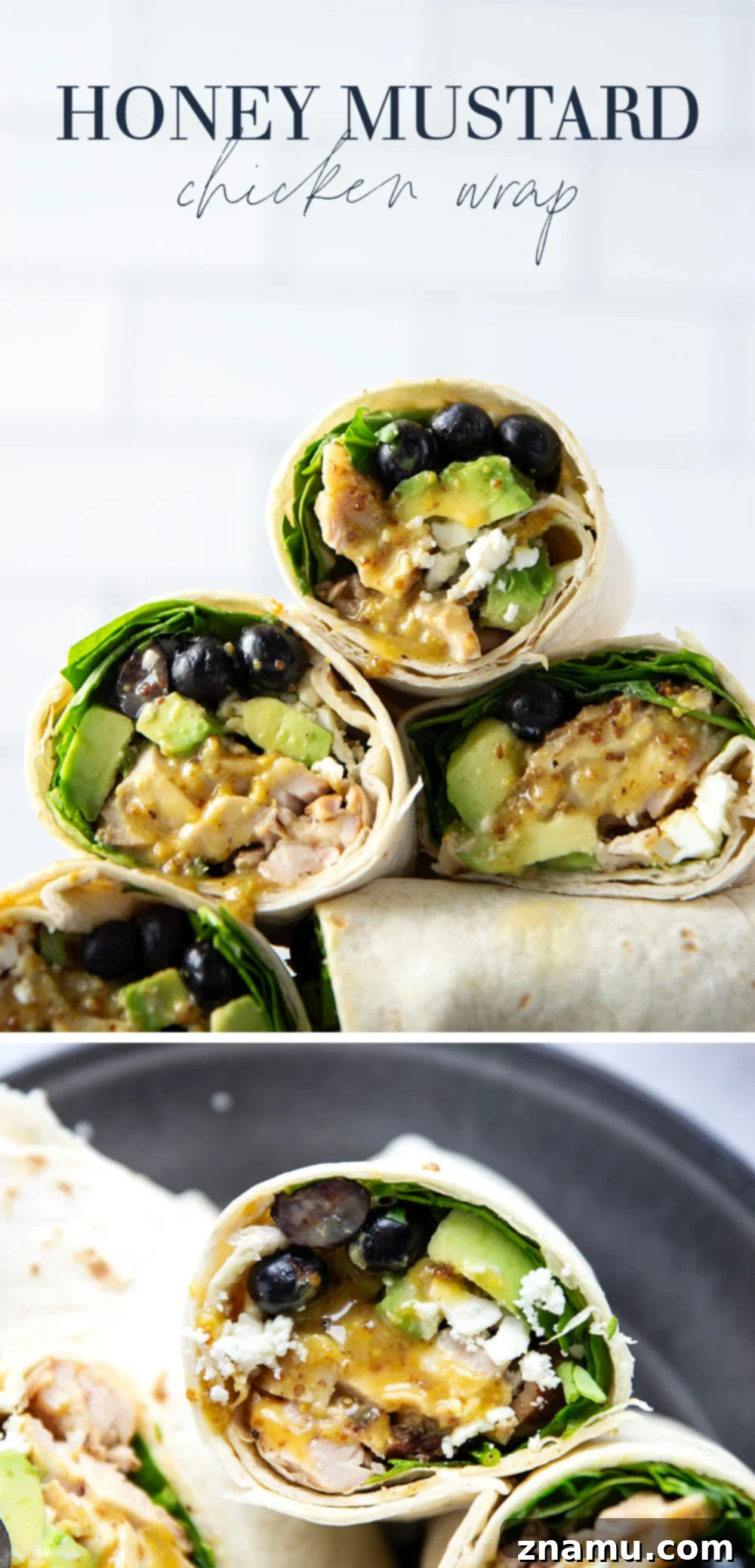 Stuffed with juicy honey mustard grilled chicken, sweet blueberries, silky avocado, and lots of greens, this honey mustard chicken wrap is easy to prep ahead of time for a stellar lunch!